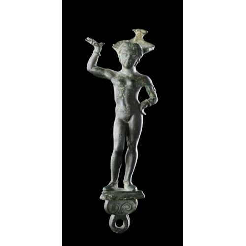 A Fine Ancient Etruscan Faliscan Bronze Patera Handle Depicting a Youthful Female Naked Except for Her Soft Slippers